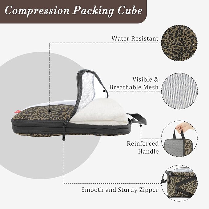 U+U 6 Set Compression Packing Cubes - Ultralight Travel Organizers with Laundry Bag, Space-Saving Suitcase Organizer, Expandable Packing Cubes for Travel, Business Trip and Family Vacation (Leopard)