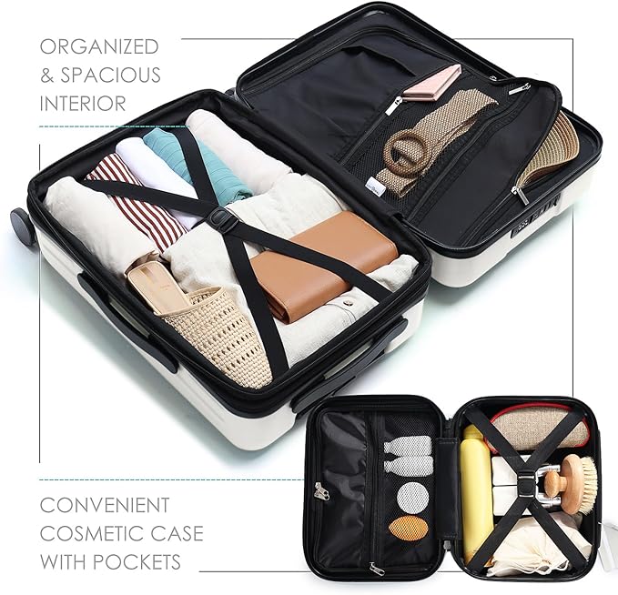20 Inch Carry On Luggage 22x14x9 Airline Approved, Carry On Suitcase with Wheels, Hard-shell Carry-on Luggage, Durable Luggage Carry-On, White Small Suitcase with Cosmetic Case