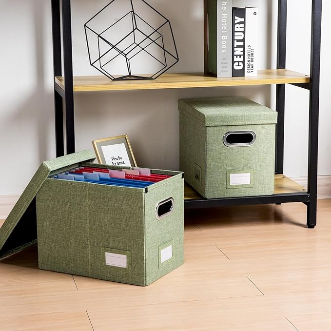 PRANDOM File Organizer Box - Set of 1 Collapsible Decorative Linen Filing Storage Hanging File Folders with Lids Office Cabinet Letter Size Green (14x9.3x10.8 inch)
