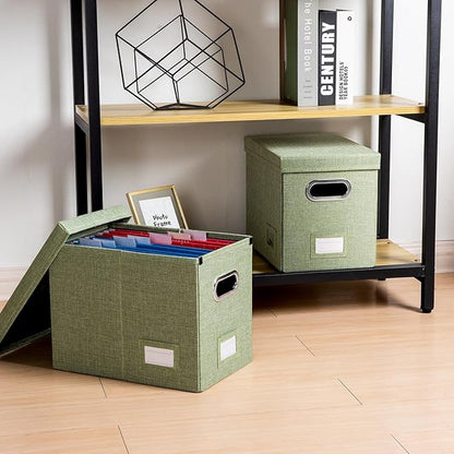 PRANDOM File Organizer Box - Set of 1 Collapsible Decorative Linen Filing Storage Hanging File Folders with Lids Office Cabinet Letter Size Green (14x9.3x10.8 inch)