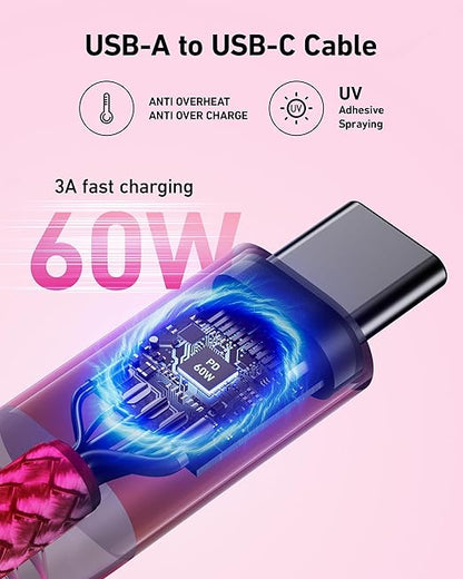 USB to USB C Cable 60W Fast Charging [2 Pack 6FT], USB A to USB C Cable for CarPlay, Durable Braided USB Type C iPhone Charger USBC Cord for iPhone 17/16/15/Pro Max, Samsung Galaxy S23 and More-Rose