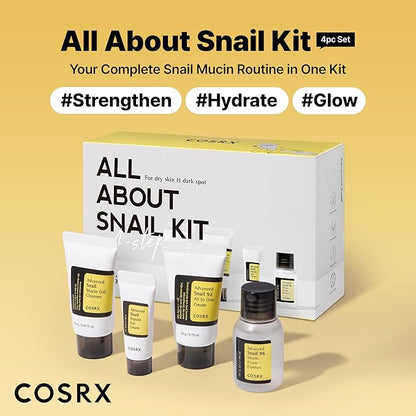 COSRX All About Snail Mucin Korean Skin Care Set, Mini Travel Essentials, Travel Size Gift Set with Snail Mucin Face Wash, Serum, Moisturizer & Eye Cream, Rejuvenating Kit, Stocking Stuffers