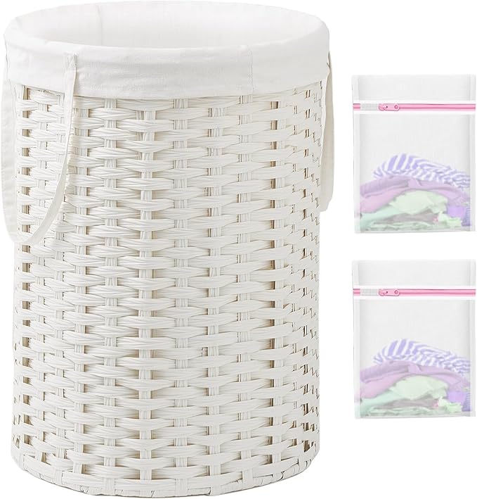 Laundry Basket Round Rattan Laundry Hamper 29.1 Gal (110 L) Handwoven Large Wicker Basket with Handles, Wicker Hamper with Removable Bags and 2 Mesh Bags for Bathroom Living Room White