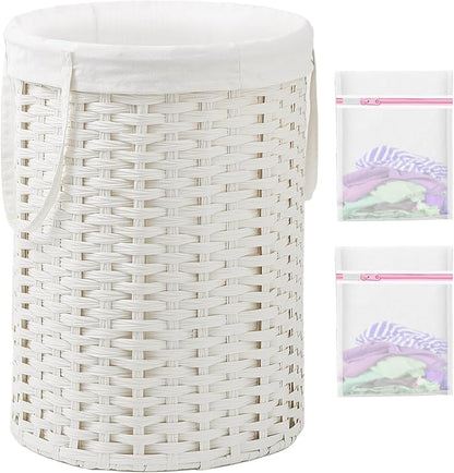 Laundry Basket Round Rattan Laundry Hamper 29.1 Gal (110 L) Handwoven Large Wicker Basket with Handles, Wicker Hamper with Removable Bags and 2 Mesh Bags for Bathroom Living Room White