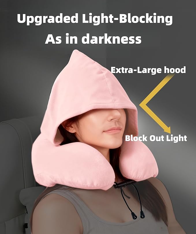 Travel Pillow with Extra Large Hood Rollable Airplant Hooded Neck Pillow with Memory Foam Filling and Removable, Skin-Friendly Cover with a Carrying Pouch