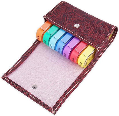 Pill Organizer,LIZIMANDU Weekly Travel Pill Case Box Medication Reminder Daily AM PM, Day Night 7 Compartments,for 4 Times A Day, 7 Days a Week-Includes Leather PU Carrying Case(1-Carved Red)