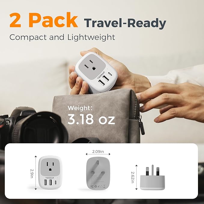 2 Pack UK Adapters for Travel, TESSAN Ireland Plug Adapter with 3 USB Ports (1 USB C), Type G Power Outlet for US to UK Scotland England Dubai Hong Kong London British Kenya Irish Qatar