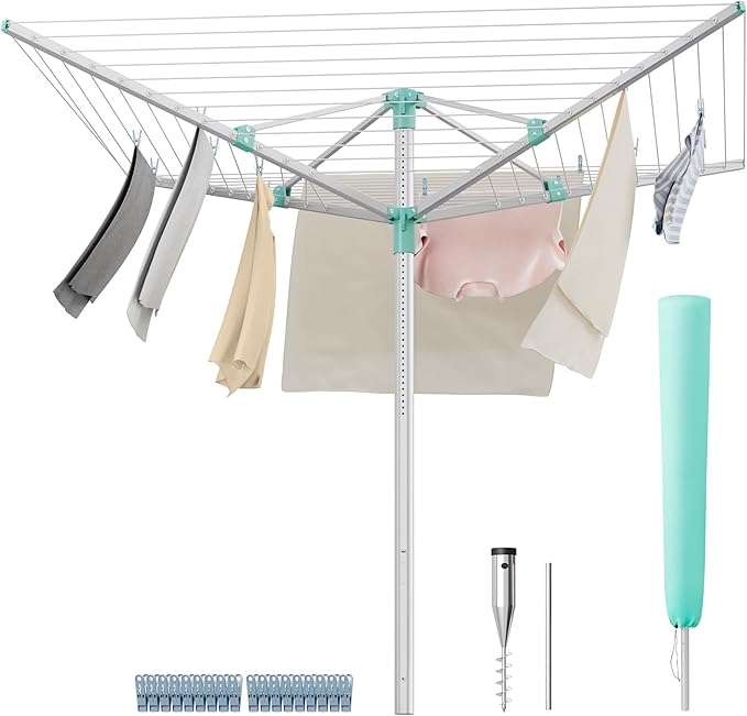 SONGMICS Umbrella Drying Rack, Retractable Outdoor Drying Rack, Height Adjustable, 164 ft Long Clothesline, Holds 5 Laundry Loads, for Garden, with Ground Spike, Cover, Silver and Green ULLR301E01