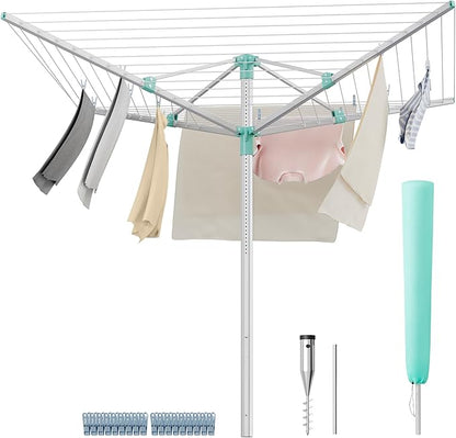 SONGMICS Umbrella Drying Rack, Retractable Outdoor Drying Rack, Height Adjustable, 164 ft Long Clothesline, Holds 5 Laundry Loads, for Garden, with Ground Spike, Cover, Silver and Green ULLR301E01