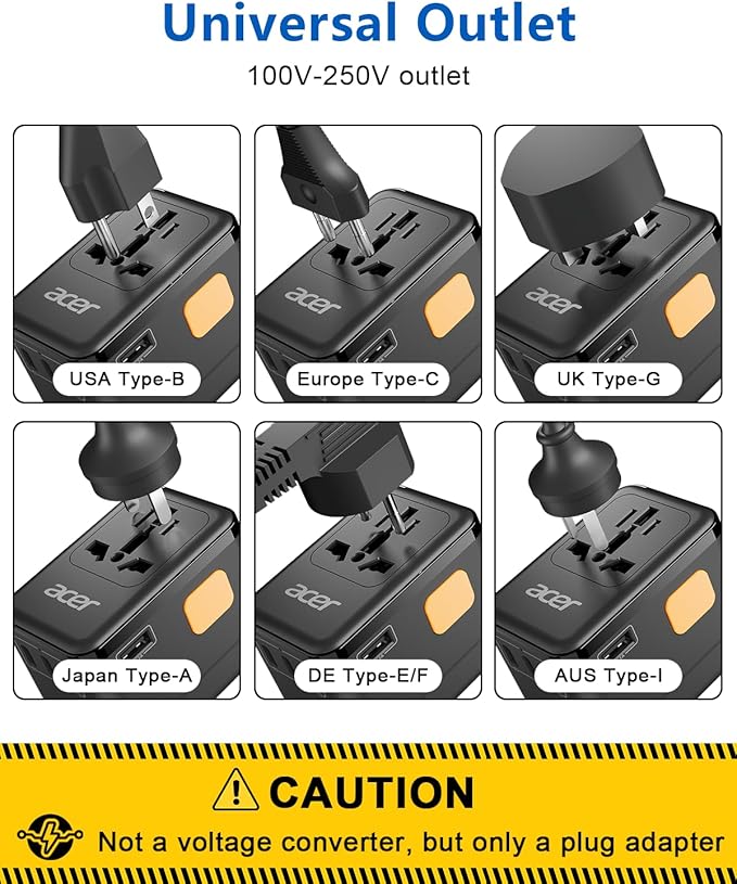 Acer 45W GaN Universal Travel Plug Adapter - International Power Adapter with 3 USB C & 1 USB A, Worldwide Power Outlet Travel Essentials for USA to European UK AUS Ireland, Type C/G/I/A, Black