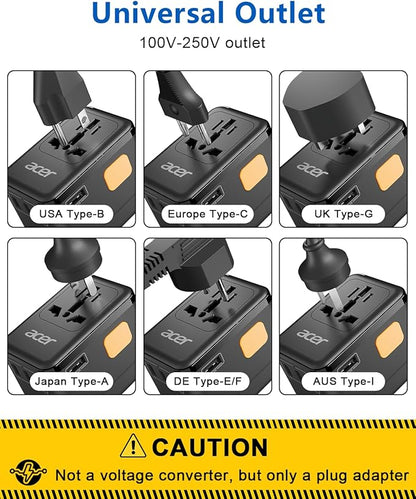 Acer 45W GaN Universal Travel Plug Adapter - International Power Adapter with 3 USB C & 1 USB A, Worldwide Power Outlet Travel Essentials for USA to European UK AUS Ireland, Type C/G/I/A, Black