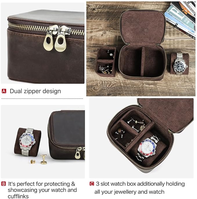 CONTACTS Crazy Horse Leather Watch Case and Cufflink Storage Box for Men Small Travel Zipper Jewelry Accessory Organizer