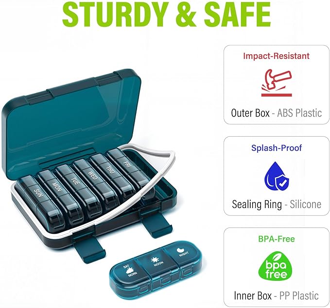 Vikie Weekly Pill Organizer 3 Times a Day, Morn NOON Night, BPA-Free, Portable & Moisture-Proof for Pills, Vitamins, Supplements (3x7 Blue)