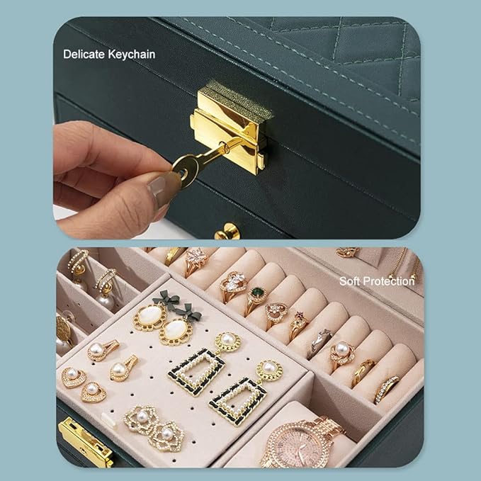 GUOER Jewelry Box for Women Girl Wife - Large PU Leather Jewelry Organizer Storage Case with Two Layers Display for Earrings Bracelets Rings Watches (Green)