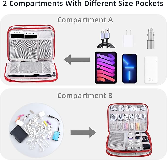 Electronics Organizer - Travel Cable Organizer Bag, Water Resistant Double Layers Pouch for Cord, iPhone, iPad Mini - Gift for Men Electronic Accessories Storage Case with 5 Cable Ties, Red