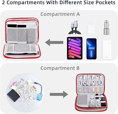Electronics Organizer - Travel Cable Organizer Bag, Water Resistant Double Layers Pouch for Cord, iPhone, iPad Mini - Gift for Men Electronic Accessories Storage Case with 5 Cable Ties, Red