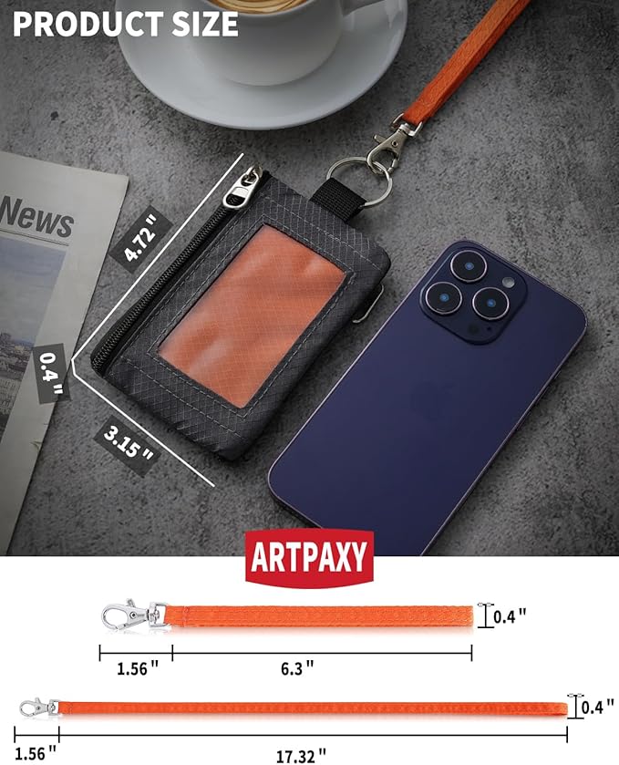 Minimalist Wallet For Mens Womens, Keychain RFID Blocking Zipper Small Wallet with ID Window 2 Lanyards,Water Resistant Travel Cash Card Coin Case Boys Girls