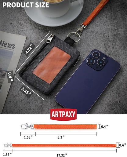 Minimalist Wallet For Mens Womens, Keychain RFID Blocking Zipper Small Wallet with ID Window 2 Lanyards,Water Resistant Travel Cash Card Coin Case Boys Girls