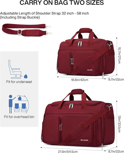 MILADA Carry On Luggage Bags for Travel Large Foldable Duffle Bag for Travel Lightweight Personal Bags for Airplanes Weekend Overnight Bags for Women Mens Travel Bag, Burgundy