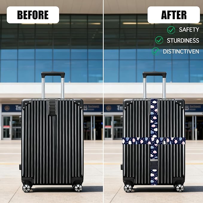 Nuxovilar Luggage Straps of 2 Set Cartoon Clouds Stars Pattern, 1.96x90.5 inches - Luggage Straps for Suitcases, Great for Night Trips, Family Travel, Daily Use