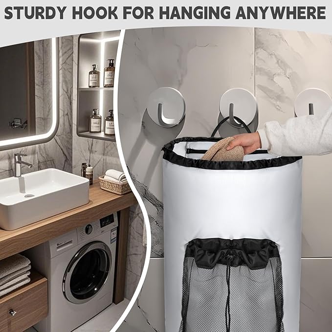 Laundry Bag Backpack with 3 Sizes Mesh Wash Bags and Shoulder Straps Foldable Clothes Hamper Bag with Drawstring Closure for College, Apartment, Laundromat (White)