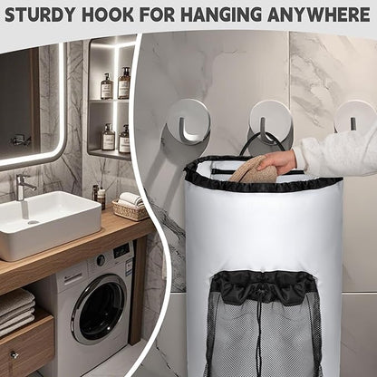 Laundry Bag Backpack with 3 Sizes Mesh Wash Bags and Shoulder Straps Foldable Clothes Hamper Bag with Drawstring Closure for College, Apartment, Laundromat (White)