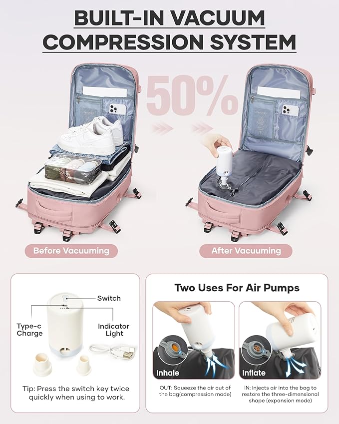 coofay Vacuum Backpack Travel with Pump Vacpack Travel Backpack with Vacuum System Compression Backpacks