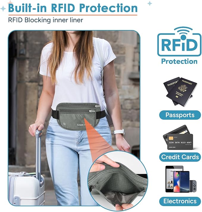 travel inspira Travel Money Belt with Slim Anti-Theft RFID Blocking Passport Holder for Travel Concealed under Clothes for Ultimate Protection of Credit Cards, Cash, Passport & Documents, Grey