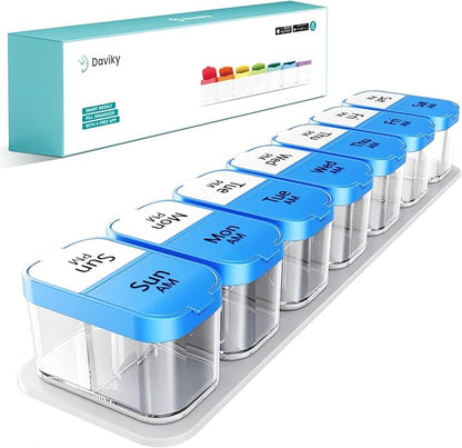 Daviky Large Pill Organizer 2 Times a Day - XL Pill Box 7 Day, Big Vitamin Holder with 7 Detachable AM/PM Compartments, Big Supplement Container for Weekly or Daily Use (Blue)