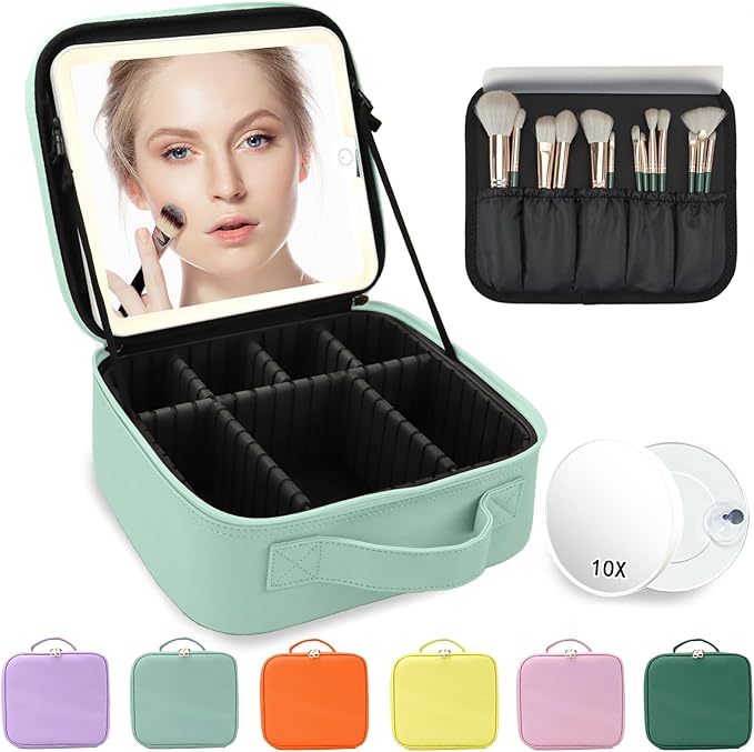 Travel Makeup Bag,with Mirror 3 Color Setting and Detachable 10x Magnifying Mirror Travel Makeup Bag,Portable Storage and Adjustable Dividers （light green）