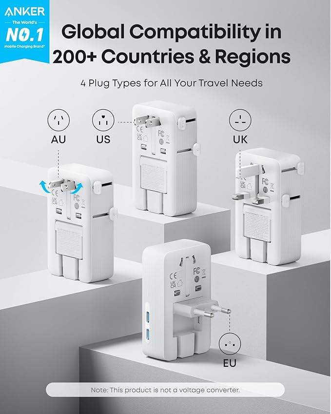 Anker Nano Travel Adapter, 5-Port Power Adapter with 1 AC, 2 USB-A, and 2 USB-C Ports, Smart Temperature Control, Compatible with Over 200 Countries, Not a Voltage Converter, Ideal for Travel (1-Pack)