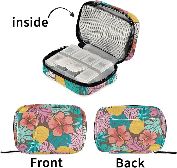 Fustylead Hibiscus Pineapple and Tropical Leaf Travel Pill Organizer Bag with Zipper Small Pill Box 7 Day Pill Case for Purse Storage Weekly Vitamin Medicine Supplement