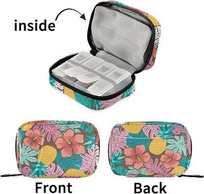 Fustylead Hibiscus Pineapple and Tropical Leaf Travel Pill Organizer Bag with Zipper Small Pill Box 7 Day Pill Case for Purse Storage Weekly Vitamin Medicine Supplement