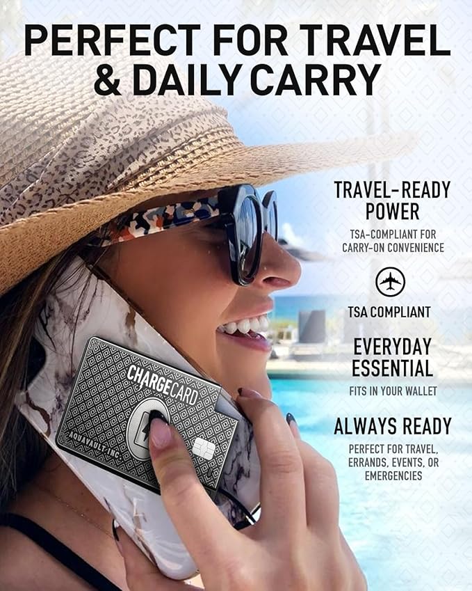 AquaVault ChargeCard – Ultra Slim Emergency Power Bank (2300mAh) – Fits in Wallet – USB-C & Micro-USB – Durable Steel Body – Flight-Safe for iPhone 12-17 & Android - Black