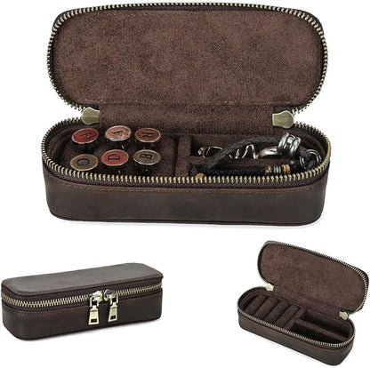 CONTACTS Crazy Horse Leather Cufflink Box for Men Travel Jewelry Storage Case Small Jewelry Organizer Padded Tray for Cufflinks Rings Earrings Studs