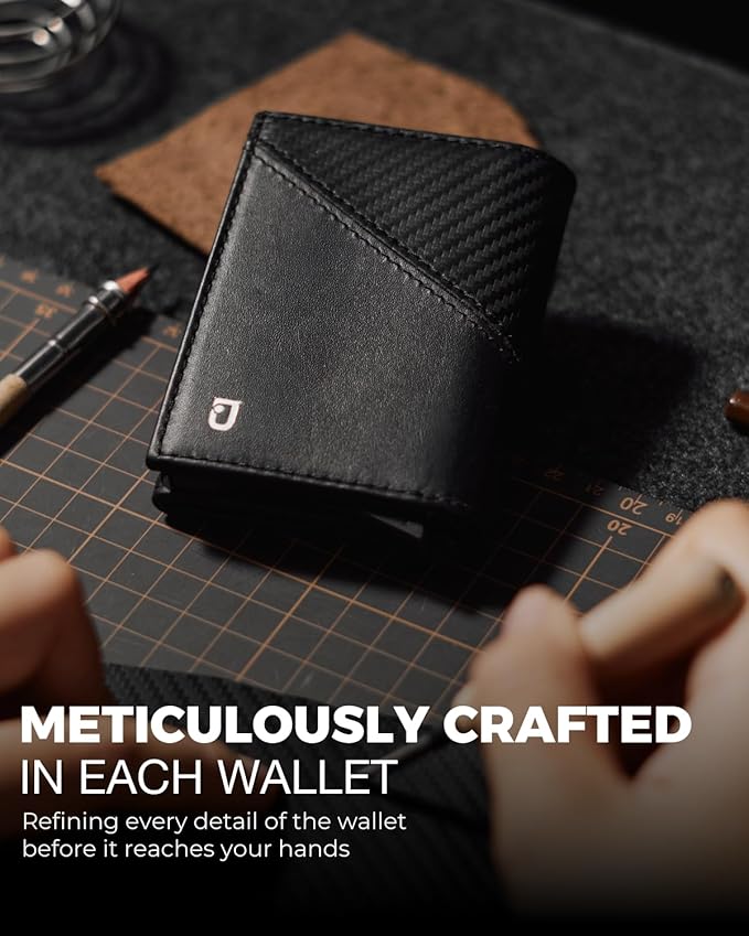 Jenoss Smart Wallet For Men: Full Grain Leather, Handcrafted, Slide Metal Pop Up Case, Slim RFID Blocking Credit Card Holder, Minimalist Compact 12 Cards Slot Organizers ID Money Clip (Black & Carbon)