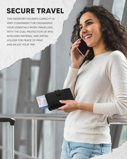 VULKIT Passport Holder with Airtag Holder RFID Blocking Passport Wallet Travel Leather Passport for Women(Iron Black)