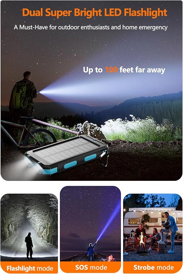 Power Bank 38800mAh Solar Portable Charger with USB-C 5V/2.4A Fast Charging Compatible with iPhone, with 2 LED Flashlights and IPX5 Waterproof External Backup Battery Pack Perfect for Camping, Hiking