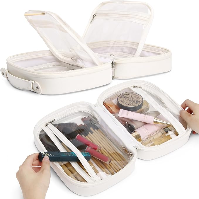 Pinkmik Travel Makeup Bag Set Portable Clear Cosmetic & Toiletry Case Women's Purse Organizer and Car Essentials with Zipper (White, M+MINI-2)