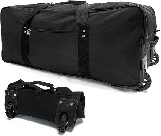 34 inch Large Foldable Duffle Bag with Wheels 600D Oxford Collapsible Large Heavy Duty Cargo Duffel Storage Duffel with Rollers for Camping Travel Gear, Black.