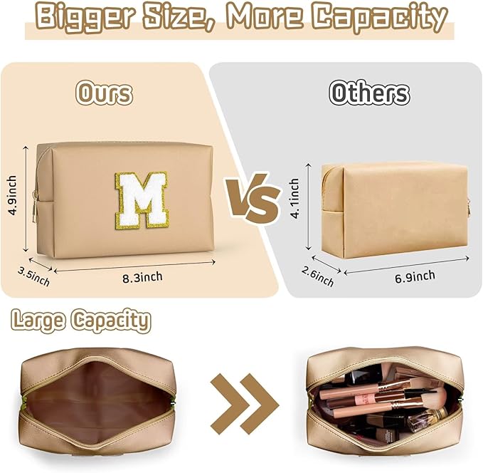 TOPEAST Preppy Stuff for Girls, Initial Makeup Bag Chenille Letter Pouch Cosmetic Bag with Zipper, PU Leather Waterproof Toiletry Bag, Cute Stuff Birthday Gift for Friends Sister (Khaki T)