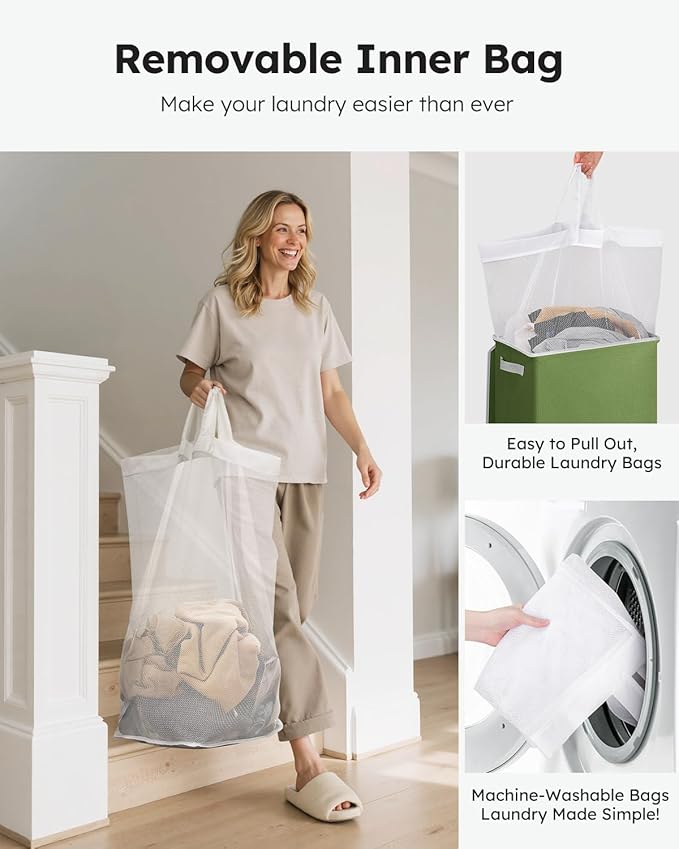 SOLEDI Laundry Hamper with Lid 100L Large & Tall Collapsible Laundry Basket, Clothes Hamper with Bag Removable Easy to Carry, Dirty Hampers for Bedroom, Bathroom, Dorm, College, Dark Green