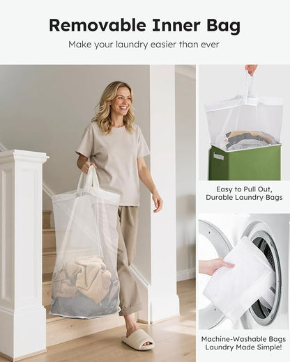 SOLEDI Laundry Hamper with Lid 100L Large & Tall Collapsible Laundry Basket, Clothes Hamper with Bag Removable Easy to Carry, Dirty Hampers for Bedroom, Bathroom, Dorm, College, Dark Green