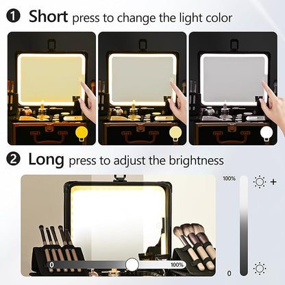 Makeup Case with Lighted Mirror, Makeup Box Organizer with Detachable LED Mirror, Travel Makeup Train Case, Waterproof Cosmetic Organizer, Standing Makeup Brush Holder, Gift, Black Gold