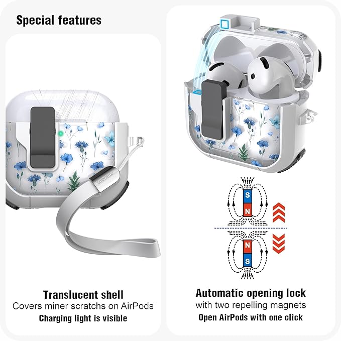 WENEW Case for AirPods 4th Case Cover Secure Lock Automatic Snap Switch Clip Cleaner Kit Lanyard Women Stylish Flower Armour Hard Shell Full Body Front LED Visible (Blue Flower, AirPods 4th)