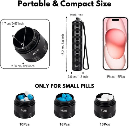 Portable Travel Pill Organizer - Metal Waterproof Pill Box, Small Compact Weekly Aluminum Alloy Container, 7 Day Daily Medicine Organizer Holder for Small Pills, Black S