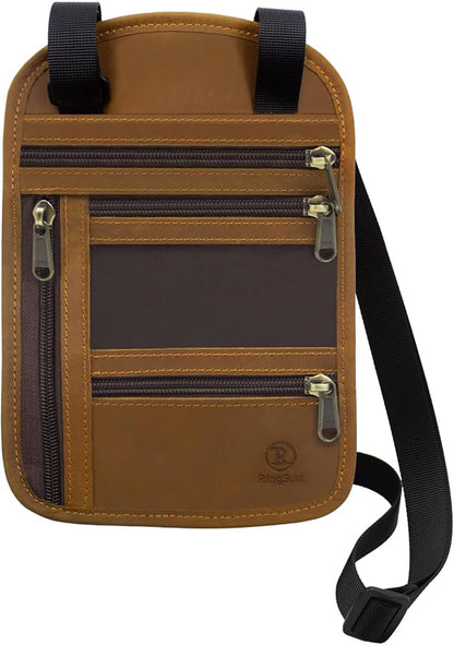 RiRingsun Genuine Leather Passport Holder For Travel, RFID Blocking Slim Neck Wallet with Adjustable Strap for Women Men, Travel Essentials to Keep Cash, Credit Cards and Documents Safe, Light Brown