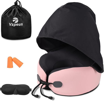 Neck Pillow for Travel - Hooded Memory Foam Plane Pillow for Airplane, Office, Cars Sleeping, Road Trip, Long Flights, Portable Plane Accessories, Includes Eye Mask & Earplugs Pink