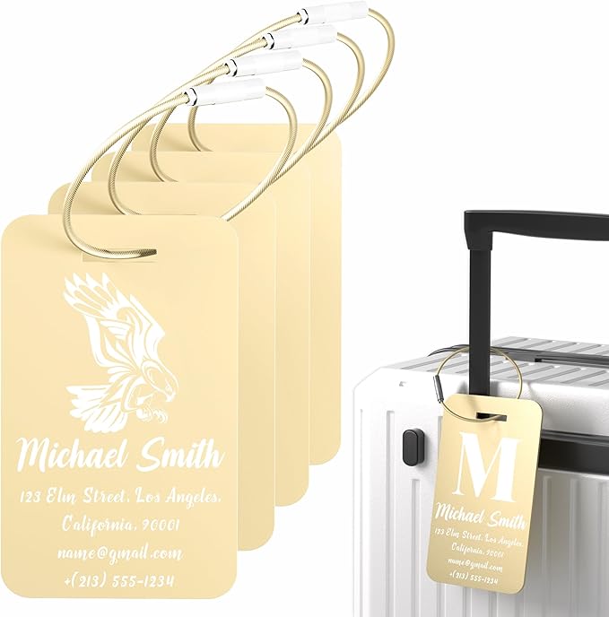 4 PCS Personalized Luggage Tags for Suitcase, Custom Engraved Aluminum Luggage Tags with Your Personalized Text Logo, Metal Name Tags with Steel Loop for Bag, Suitcase, Backpack (Gold, Large)