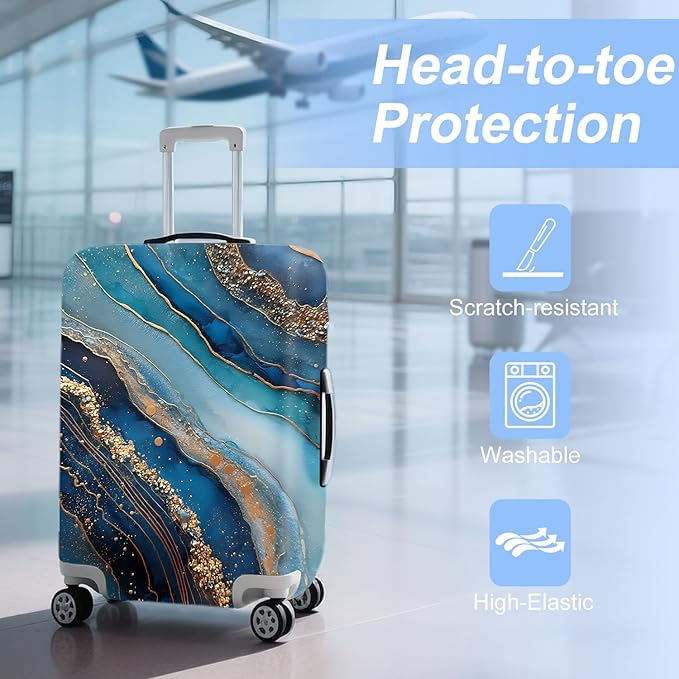 FOREVER QUEEN Luxury Golden Blue Marble Luggage Cover Suitcase Protector Suitcase Cover Anti-Scratch,Stretchable Bag Cover Washable Durable Polyester